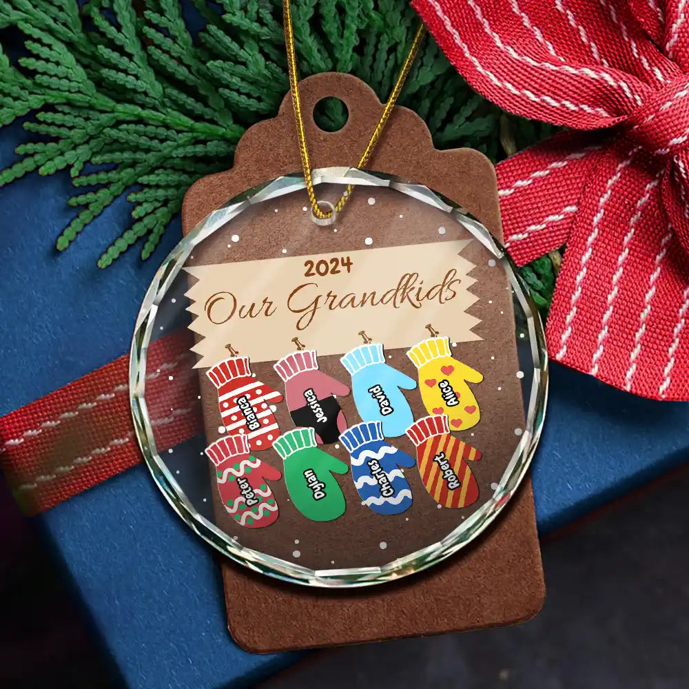 Mittens With Grandkids Names Christmas - Personalized Circle Glass Ornament ORNA1210