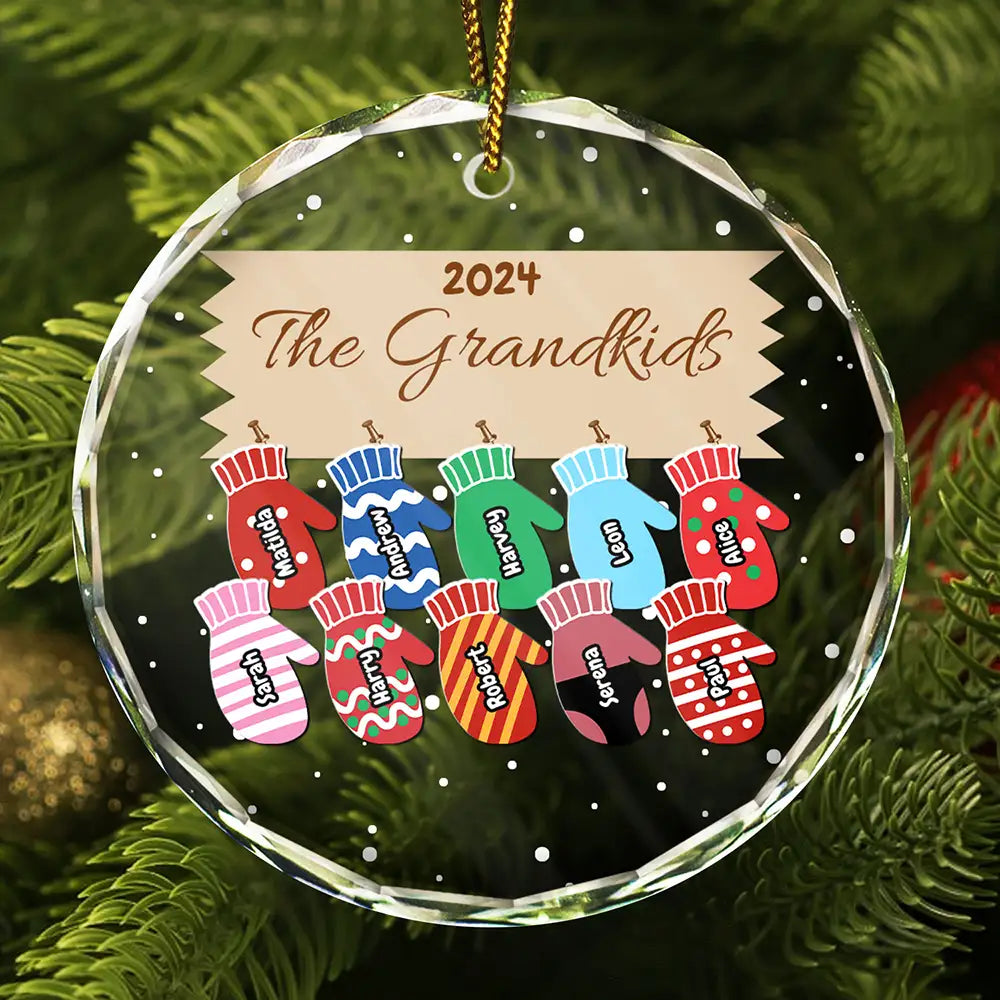 Mittens With Grandkids Names Christmas - Personalized Circle Glass Ornament ORNA1210