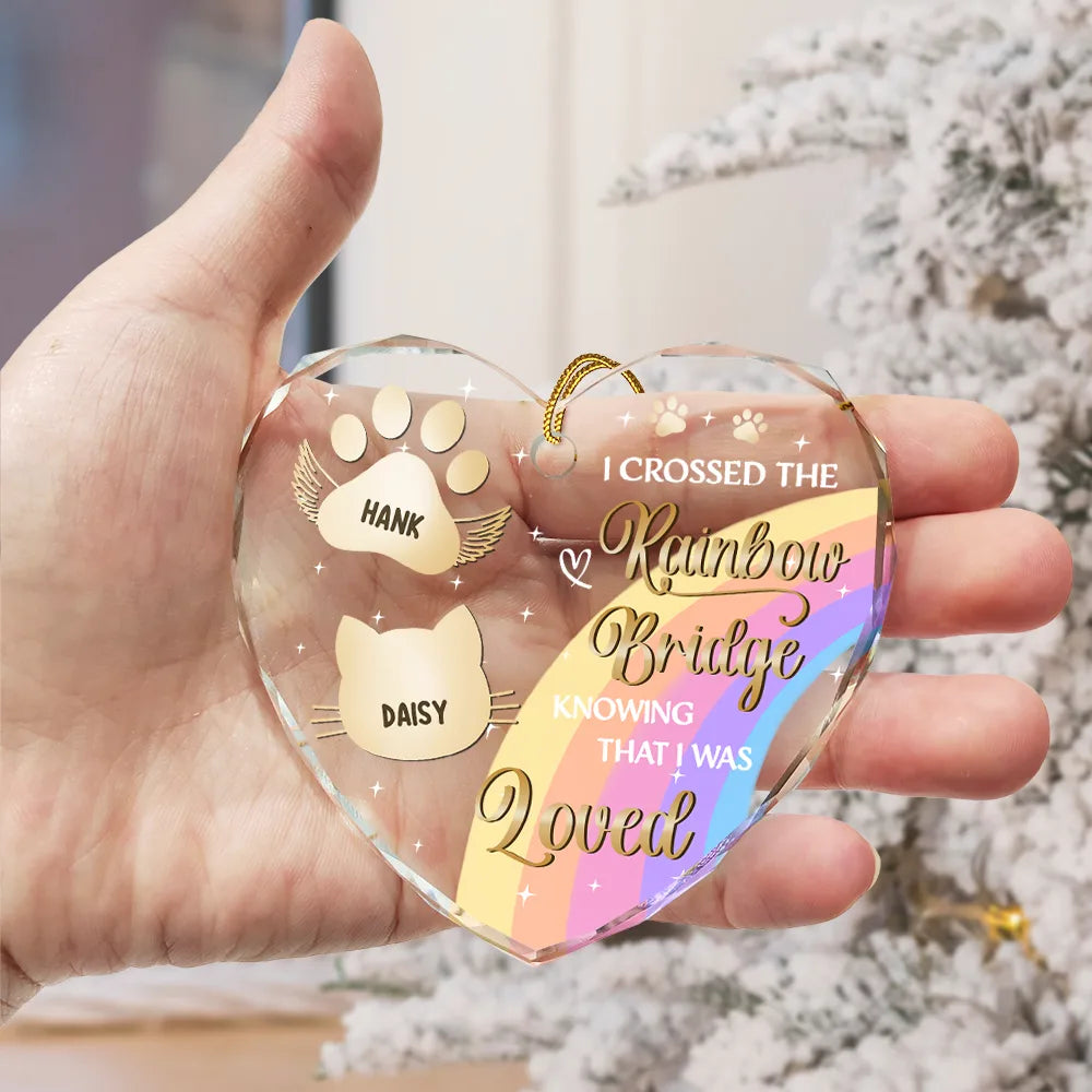 I Crossed The Rainbow Bridge Memorial Pet - Personalized Heart Shaped Glass Ornament ORNA1210