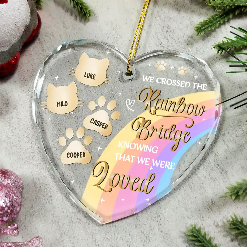 I Crossed The Rainbow Bridge Memorial Pet - Personalized Heart Shaped Glass Ornament ORNA1210