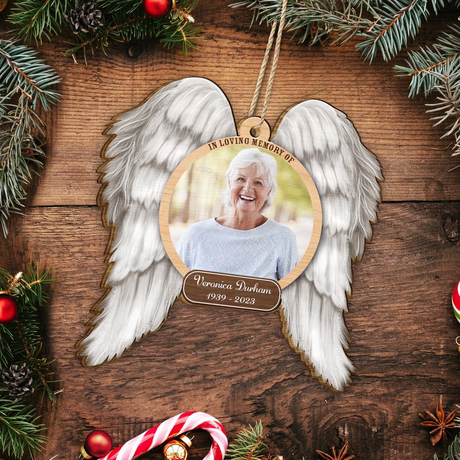 Custom Photo In Loving Memory Angel Wings - Memorial Gift - Personalized Custom Shaped Wooden Ornament ORNA1210