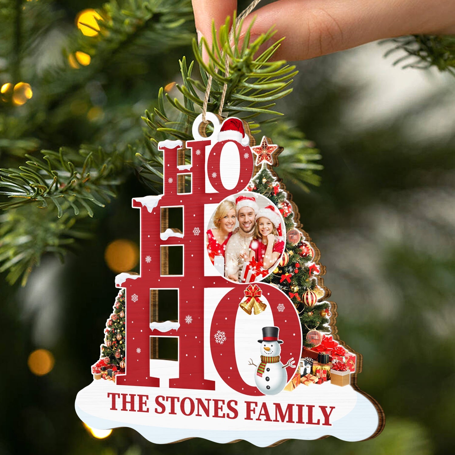 Custom Photo Ho Ho Ho Family - Christmas Gift - Personalized Wooden Cutout Ornament ORNA1210