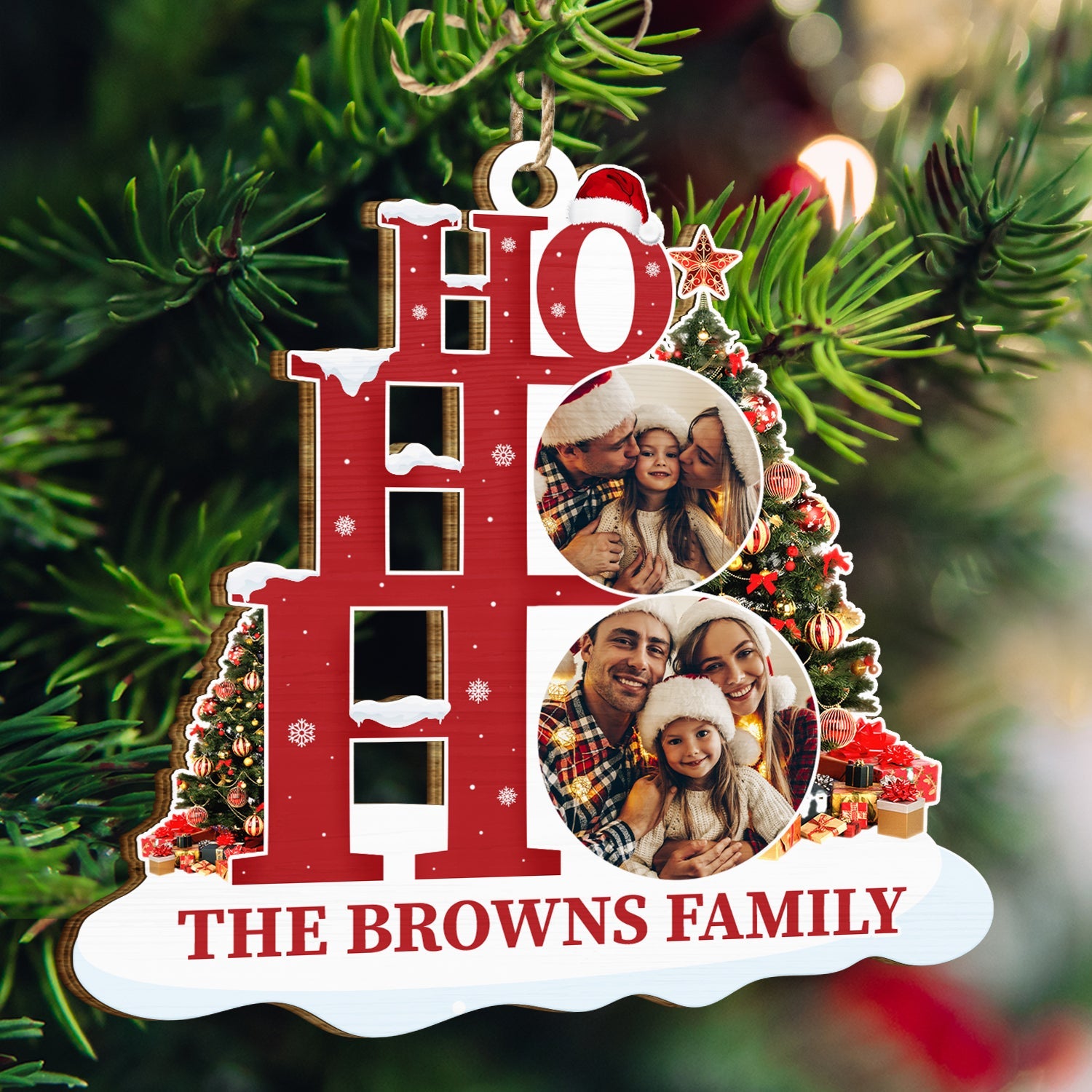 Custom Photo Ho Ho Ho Family - Christmas Gift - Personalized Wooden Cutout Ornament ORNA1210
