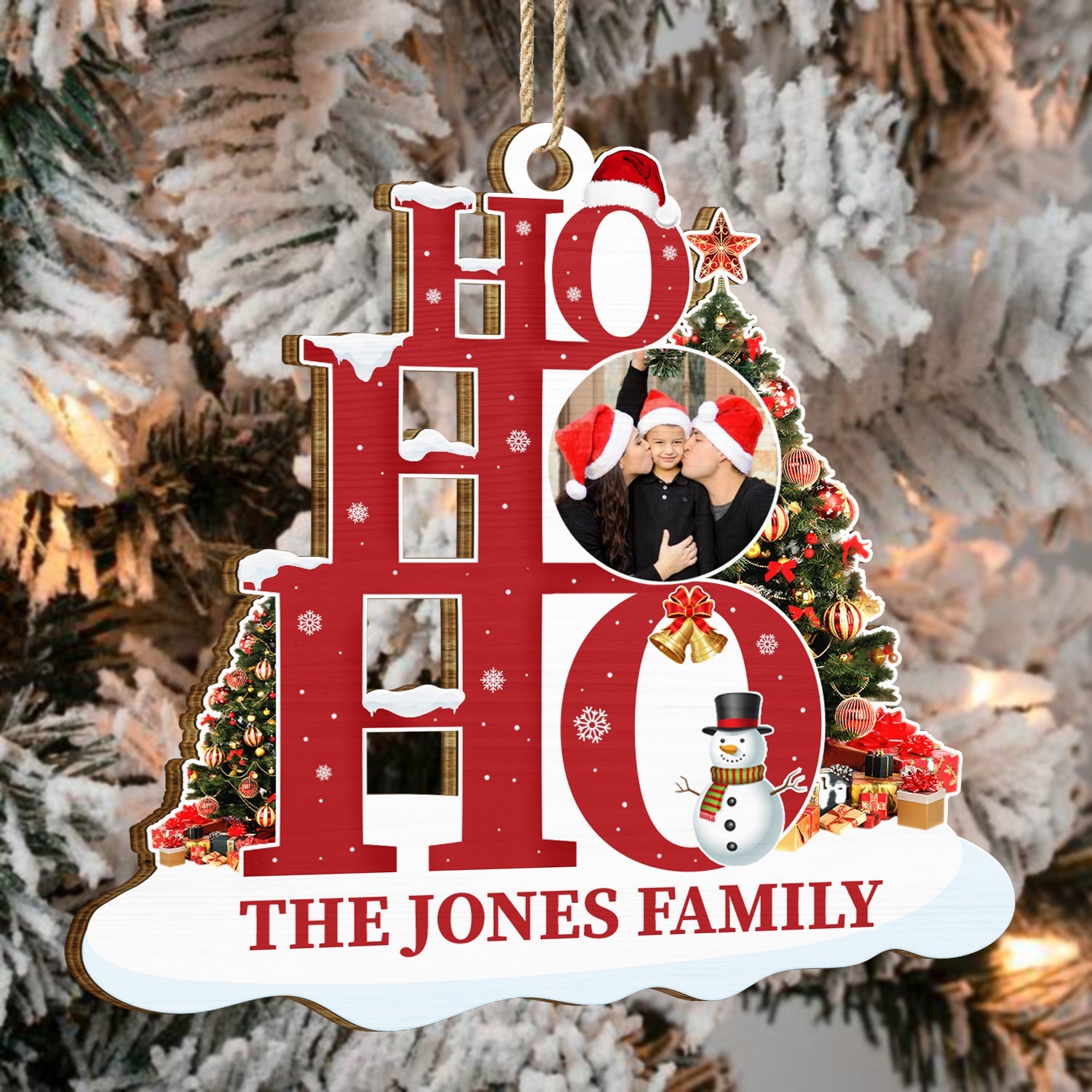 Custom Photo Ho Ho Ho Family - Christmas Gift - Personalized Wooden Cutout Ornament ORNA1210