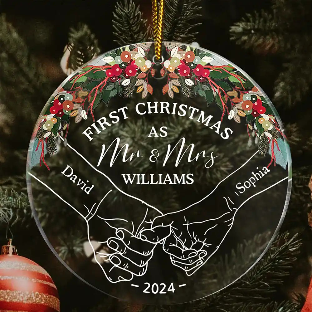 Holding Hands First Christmas Couple - Personalized Circle Acrylic Ornament ORNA1210