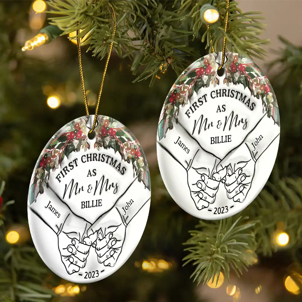 Holding Hands First Christmas Couple - 3D Inflated Effect Printed Ornament, Personalized Circle Ceramic Ornament ORNA1210