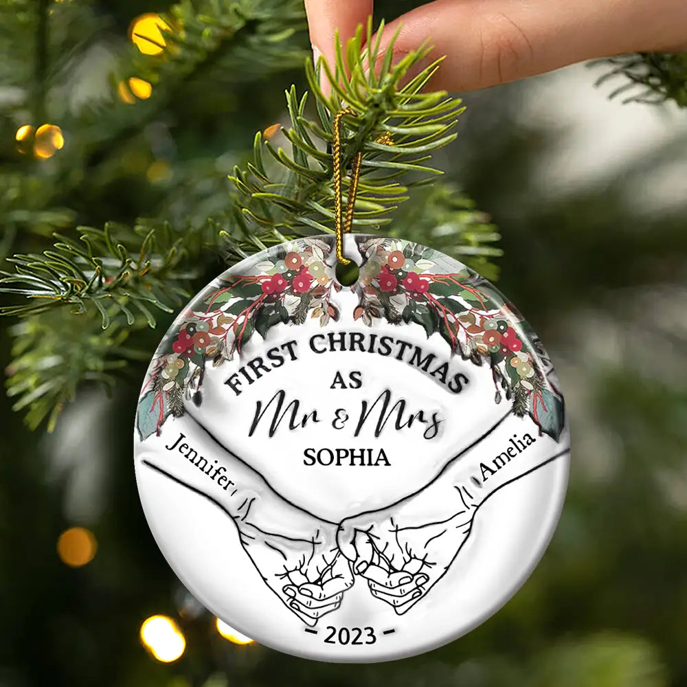 Holding Hands First Christmas Couple - 3D Inflated Effect Printed Ornament, Personalized Circle Ceramic Ornament ORNA1210