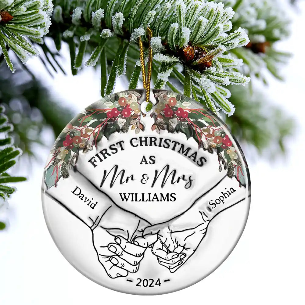 Holding Hands First Christmas Couple - 3D Inflated Effect Printed Ornament, Personalized Circle Ceramic Ornament ORNA1210