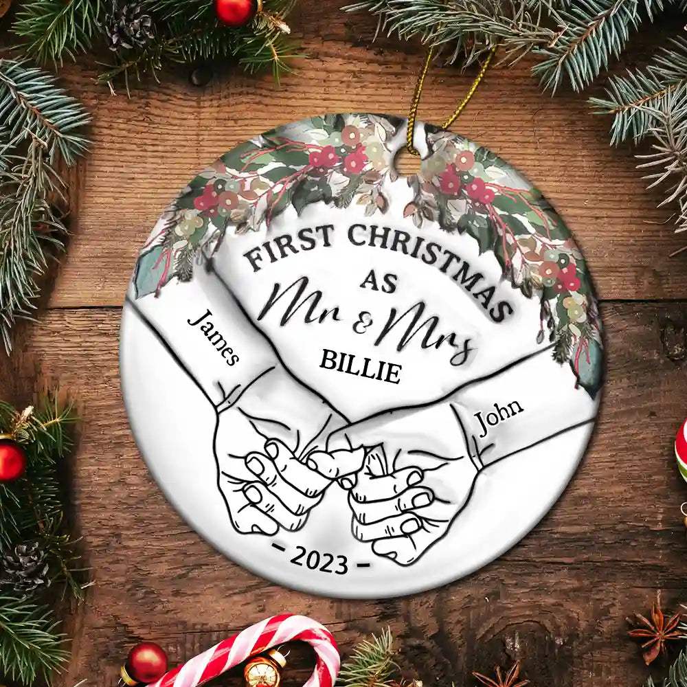 Holding Hands First Christmas Couple - 3D Inflated Effect Printed Ornament, Personalized Circle Ceramic Ornament ORNA1210