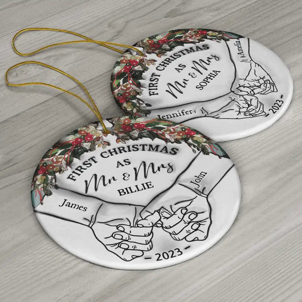 Holding Hands First Christmas Couple - 3D Inflated Effect Printed Ornament, Personalized Circle Ceramic Ornament ORNA1210