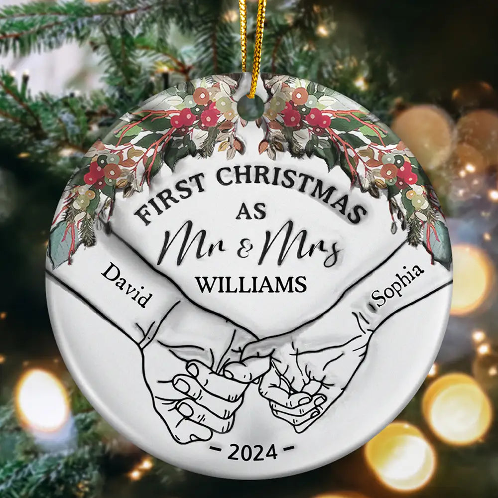 Holding Hands First Christmas Couple - 3D Inflated Effect Printed Ornament, Personalized Circle Ceramic Ornament ORNA1210