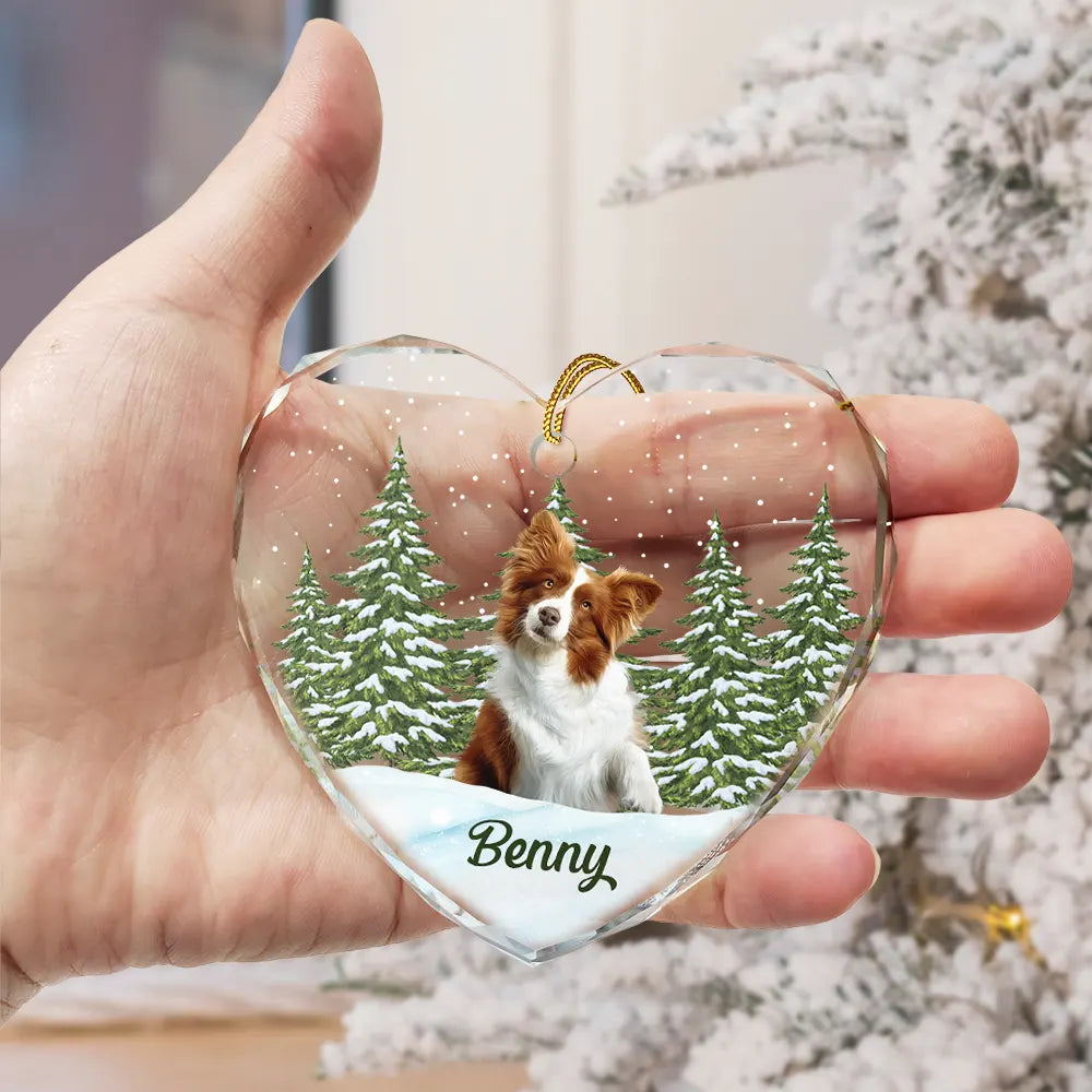 Custom Photo Pet Face Dog Cat Memorial - Personalized Heart Shaped Glass Ornament ORNA1210
