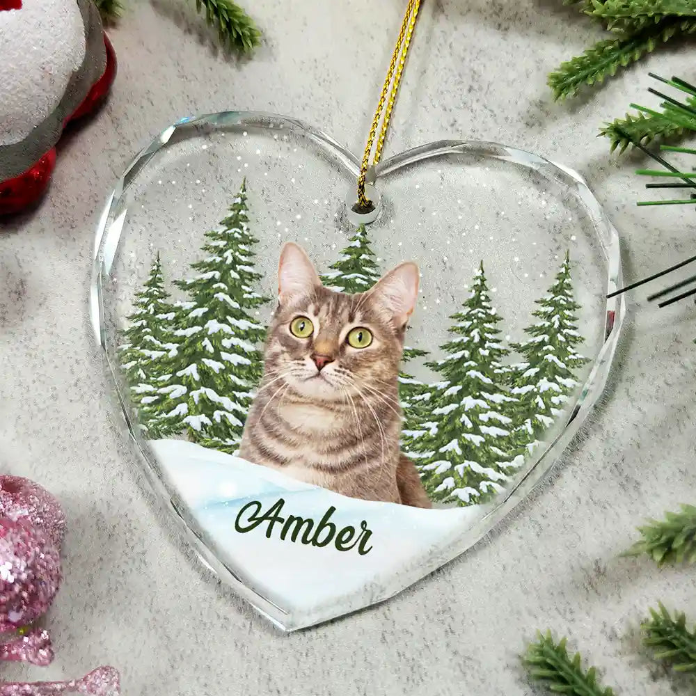 Custom Photo Pet Face Dog Cat Memorial - Personalized Heart Shaped Glass Ornament ORNA1210