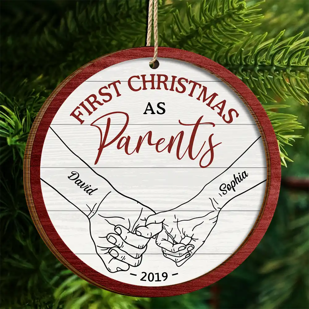 First Christmas As Mr & Mrs Couple Holding Hands - Personalized 2-Layered Wooden Ornament ORNA1210