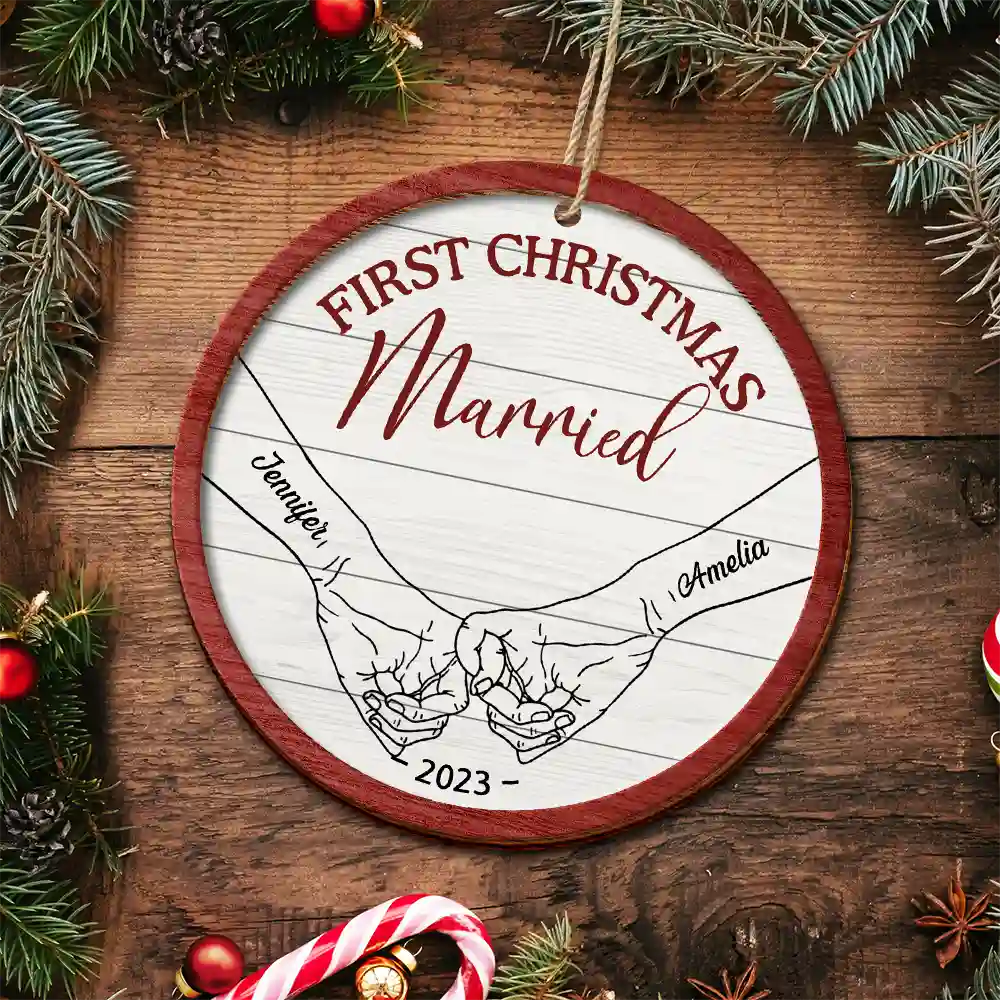First Christmas As Mr & Mrs Couple Holding Hands - Personalized 2-Layered Wooden Ornament ORNA1210