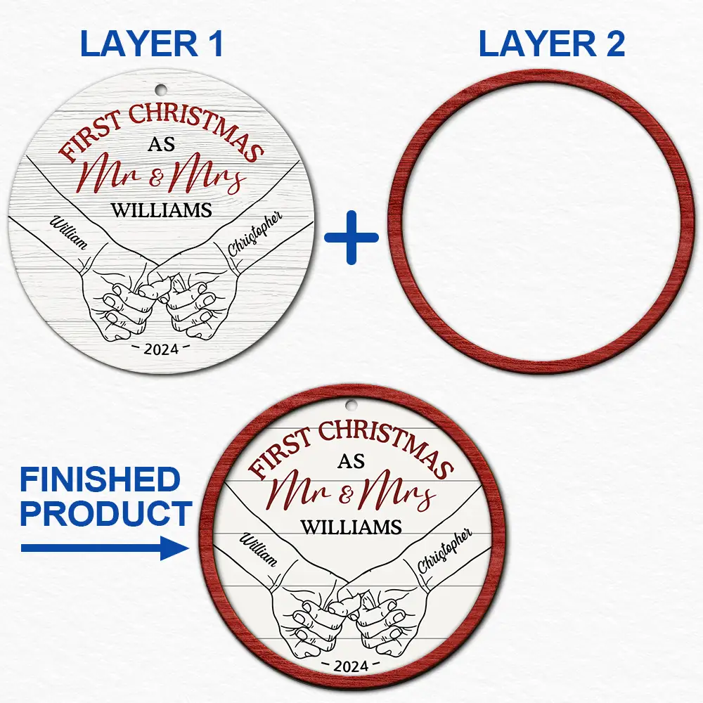 First Christmas As Mr & Mrs Couple Holding Hands - Personalized 2-Layered Wooden Ornament ORNA1210