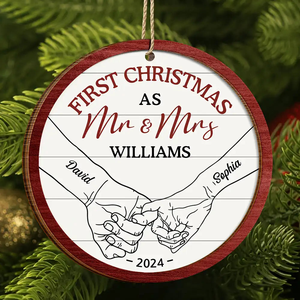 First Christmas As Mr & Mrs Couple Holding Hands - Personalized 2-Layered Wooden Ornament ORNA1210