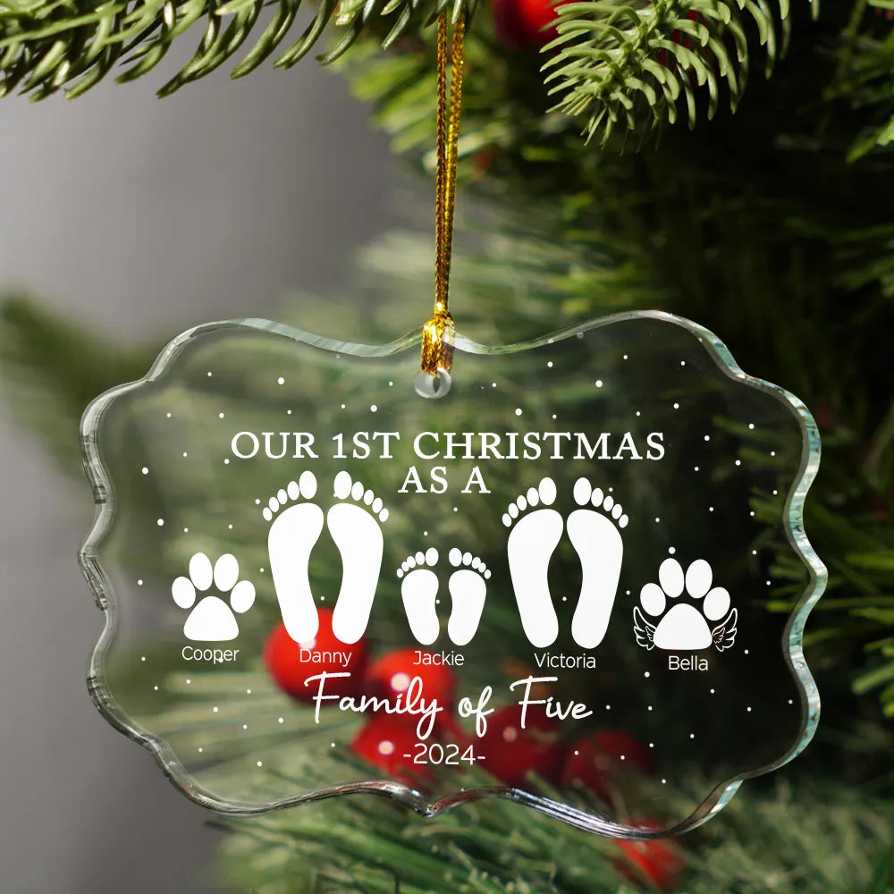 First Christmas As A Family Of Four Footprints - Personalized Medallion Glass Ornament ORNA1210