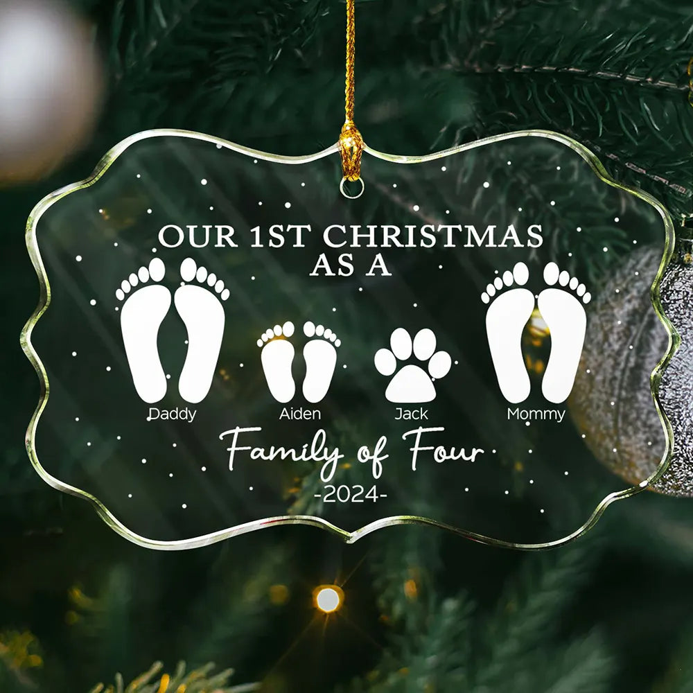 First Christmas As A Family Of Four Footprints - Personalized Medallion Glass Ornament ORNA1210