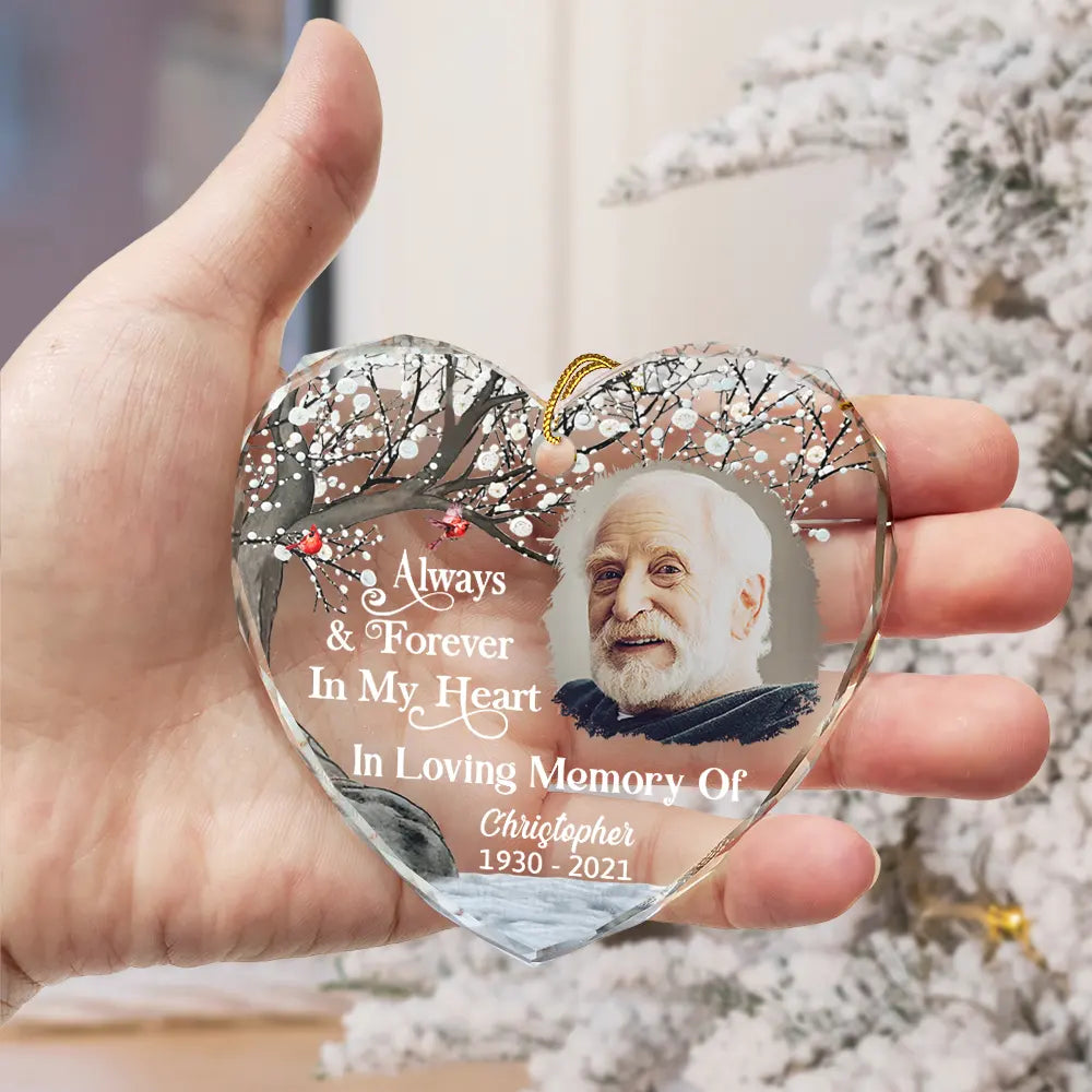 Custom Photo Always And Forever In Our Hearts Memorial - Personalized Heart Shaped Glass Ornament ORNA1210