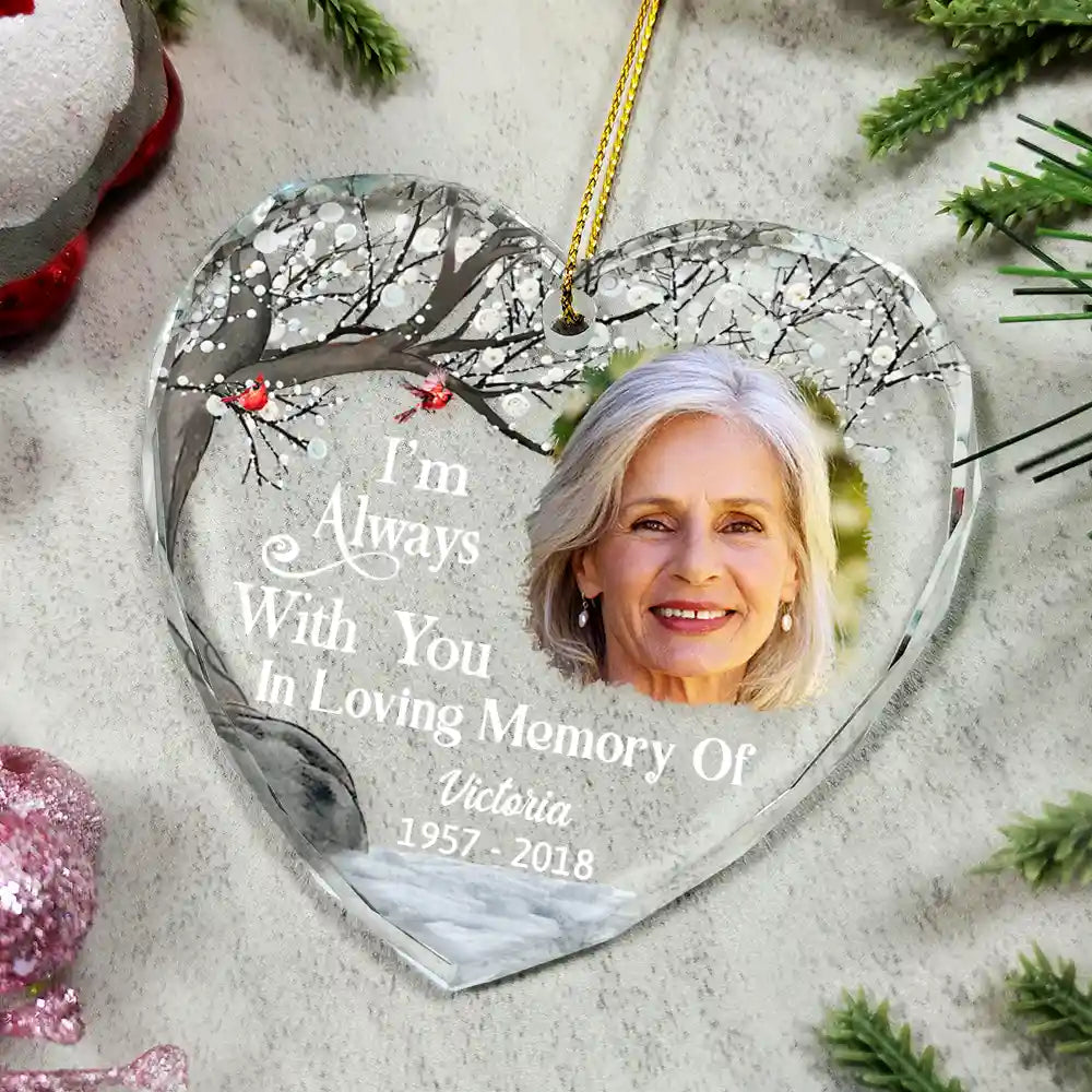 Custom Photo Always And Forever In Our Hearts Memorial - Personalized Heart Shaped Glass Ornament ORNA1210