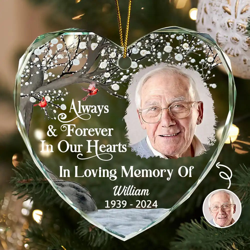 Custom Photo Always And Forever In Our Hearts Memorial - Personalized Heart Shaped Glass Ornament ORNA1210