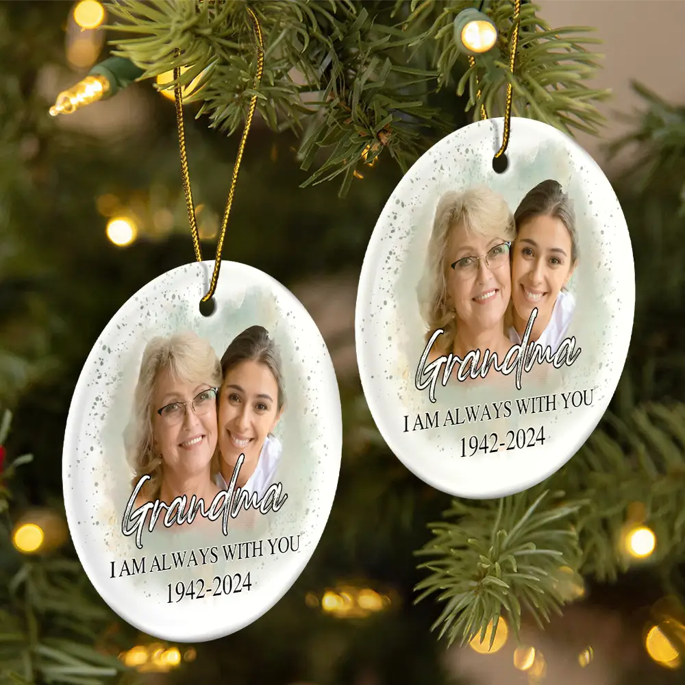 Custom Photo Memorial Grandma And Granddaughter - Personalized Circle Ceramic Ornament ORNA1210