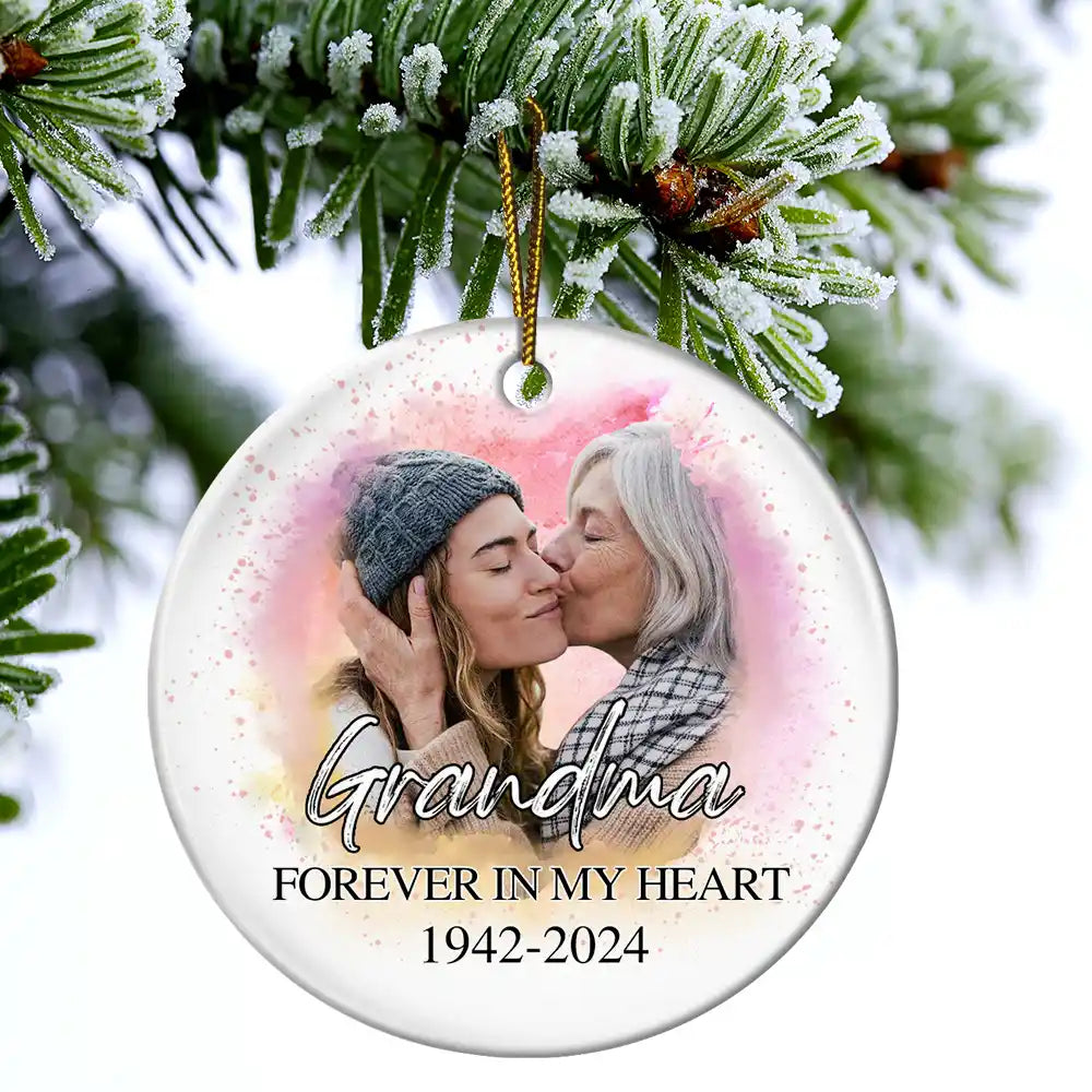 Custom Photo Memorial Grandma And Granddaughter - Personalized Circle Ceramic Ornament ORNA1210