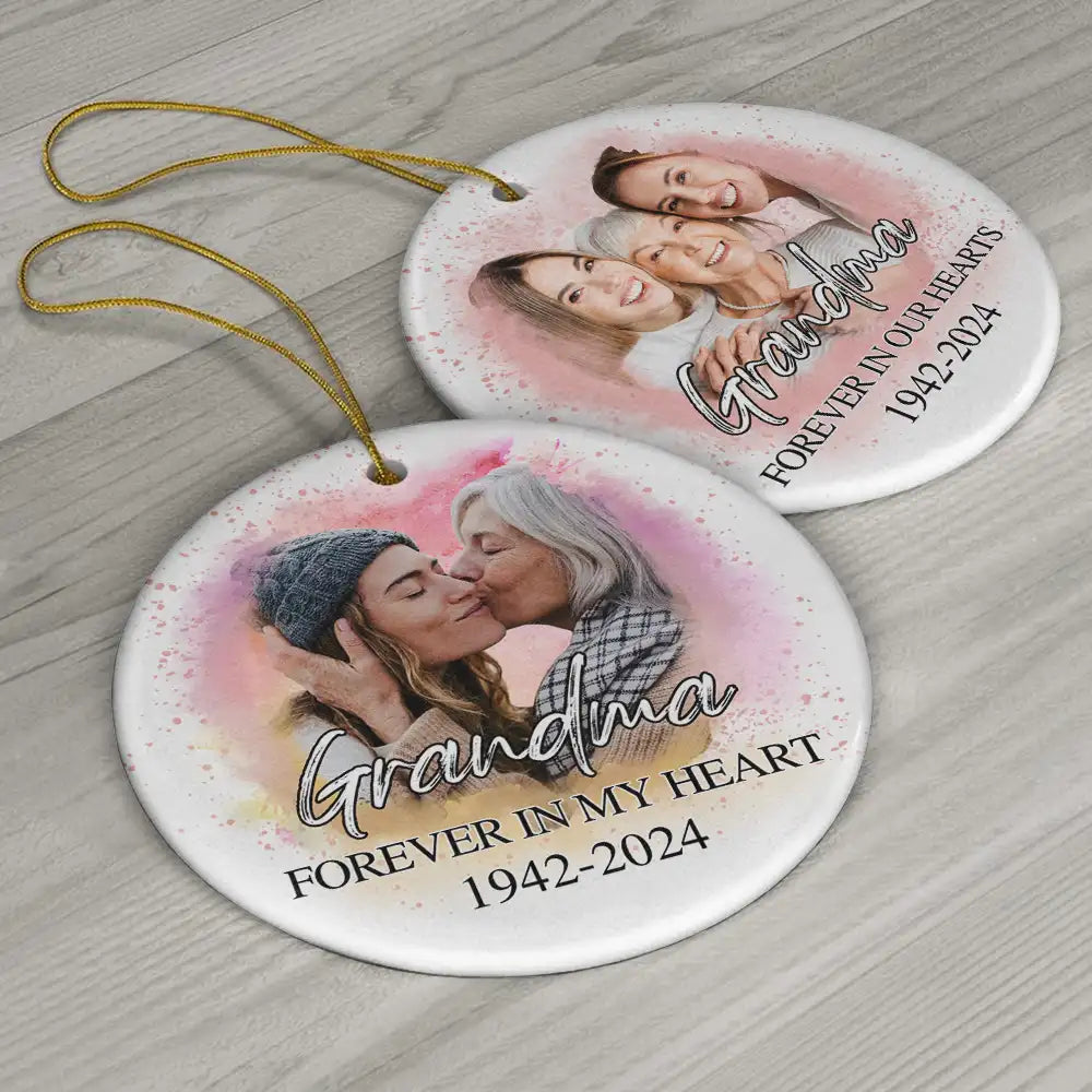 Custom Photo Memorial Grandma And Granddaughter - Personalized Circle Ceramic Ornament ORNA1210
