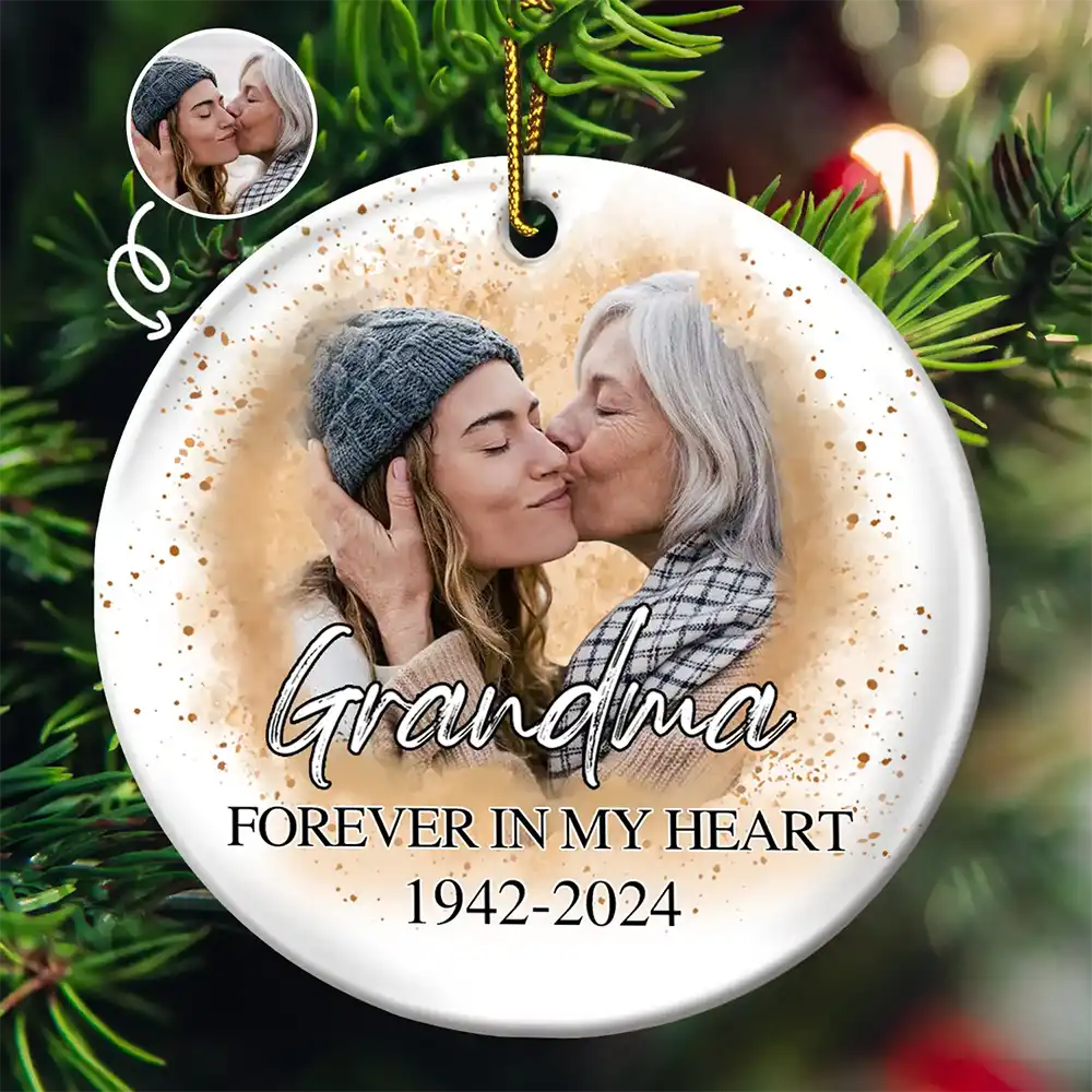 Custom Photo Memorial Grandma And Granddaughter - Personalized Circle Ceramic Ornament ORNA1210