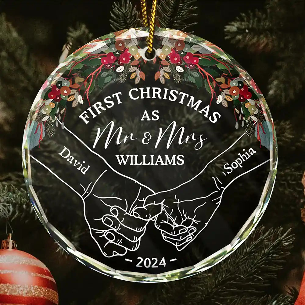 Holding Hands First Christmas Couple - Personalized Circle Glass Ornament ORNA1210