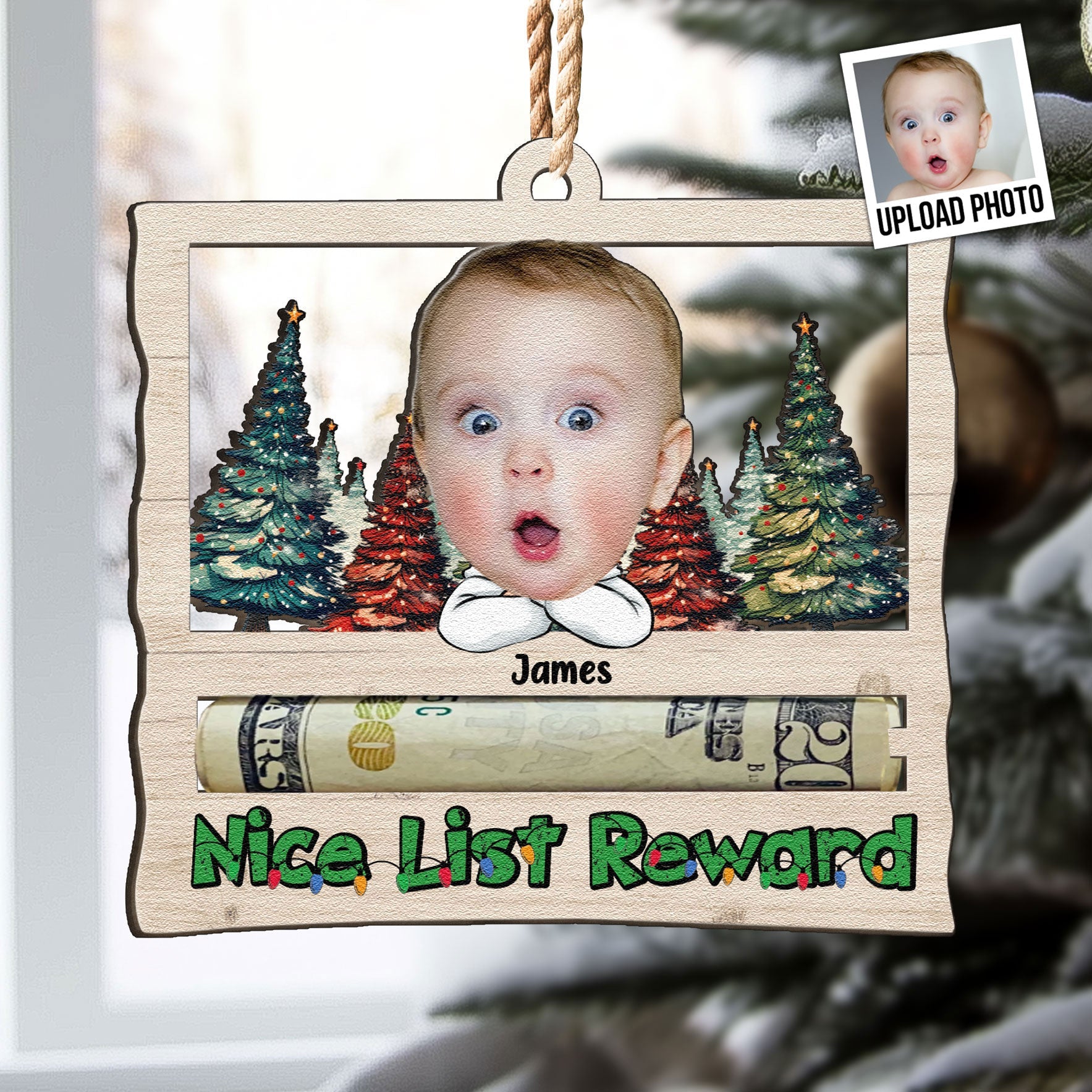 Nice List Reward Money Holder - Personalized Wooden Photo Ornament ORNA1210