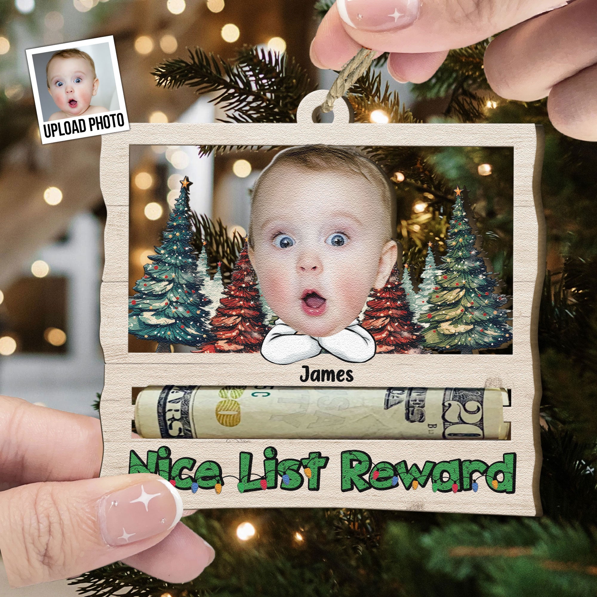 Nice List Reward Money Holder - Personalized Wooden Photo Ornament ORNA1210