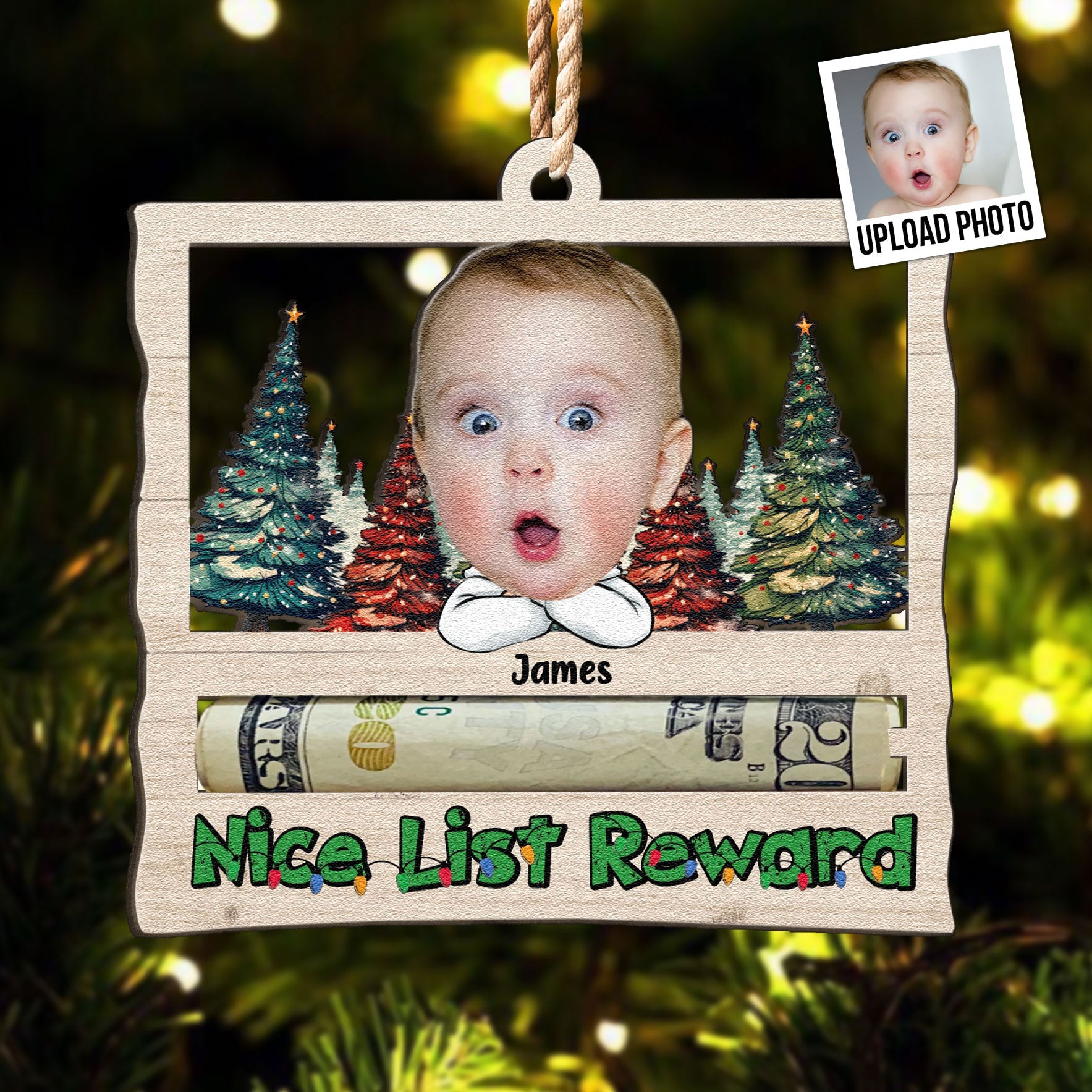 Nice List Reward Money Holder - Personalized Wooden Photo Ornament ORNA1210
