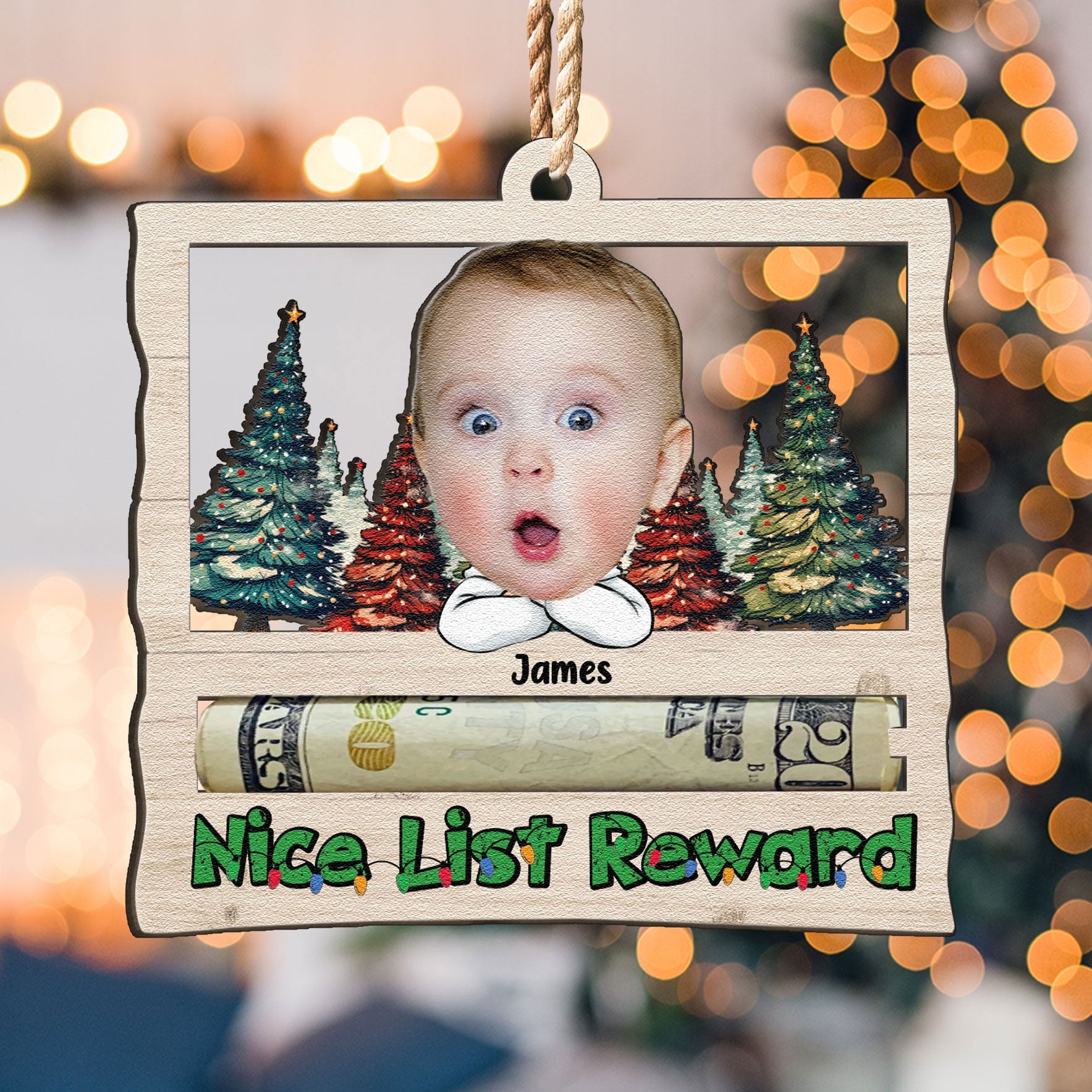Nice List Reward Money Holder - Personalized Wooden Photo Ornament ORN0810