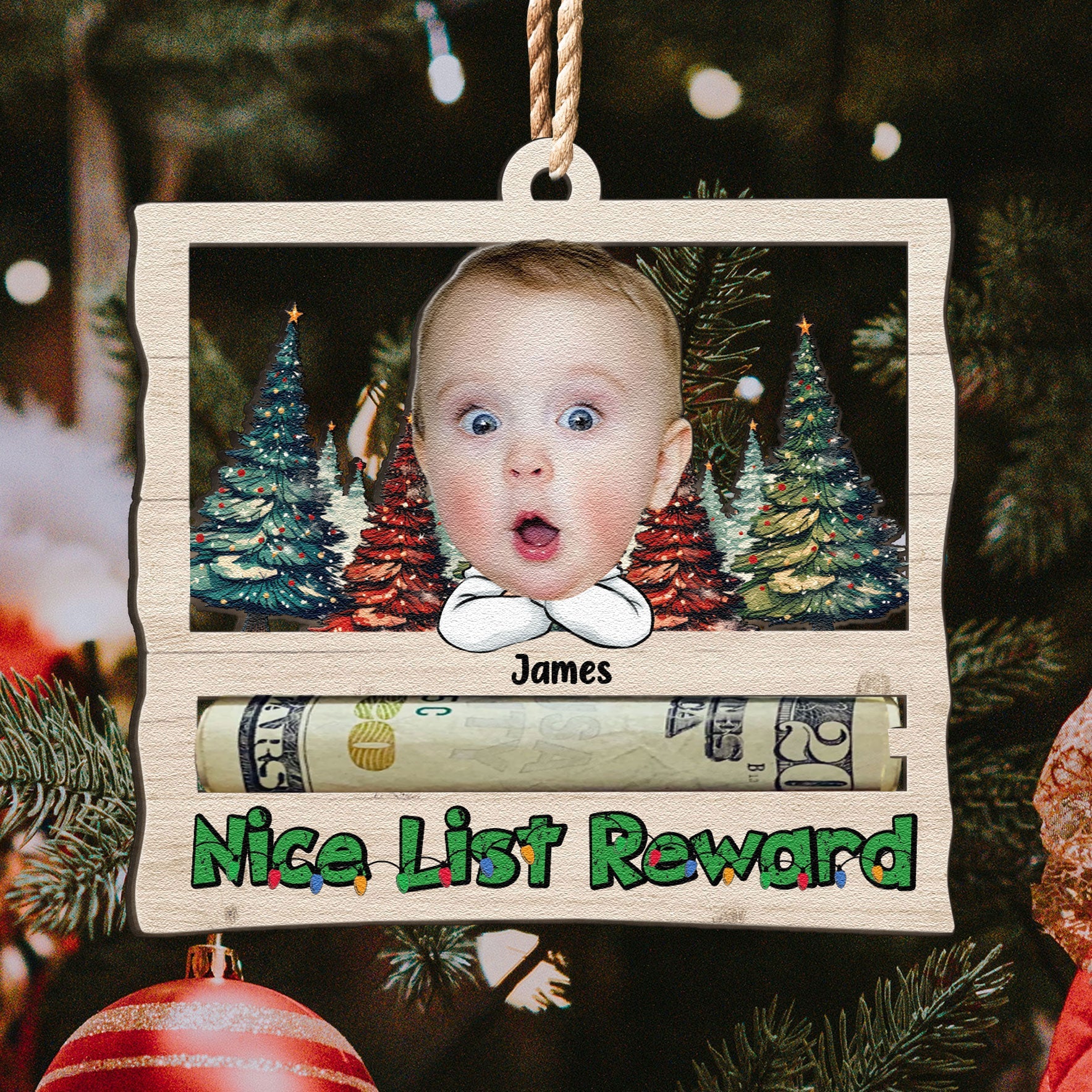 Nice List Reward Money Holder - Personalized Wooden Photo Ornament ORN0810
