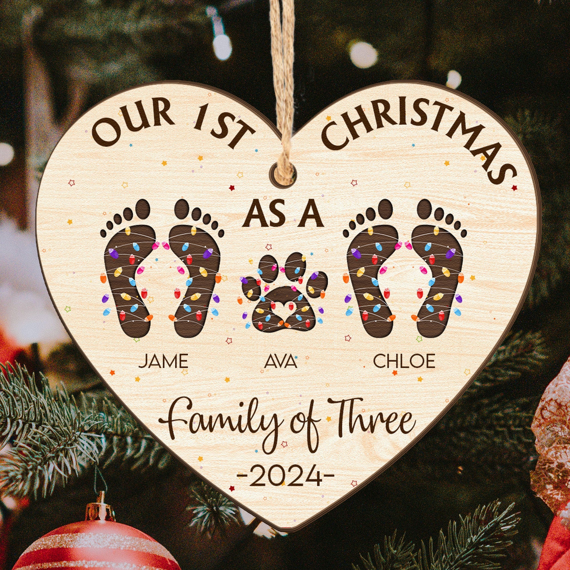 Our First Christmas As A Family Of - Personalized Wooden Ornament ORN0810