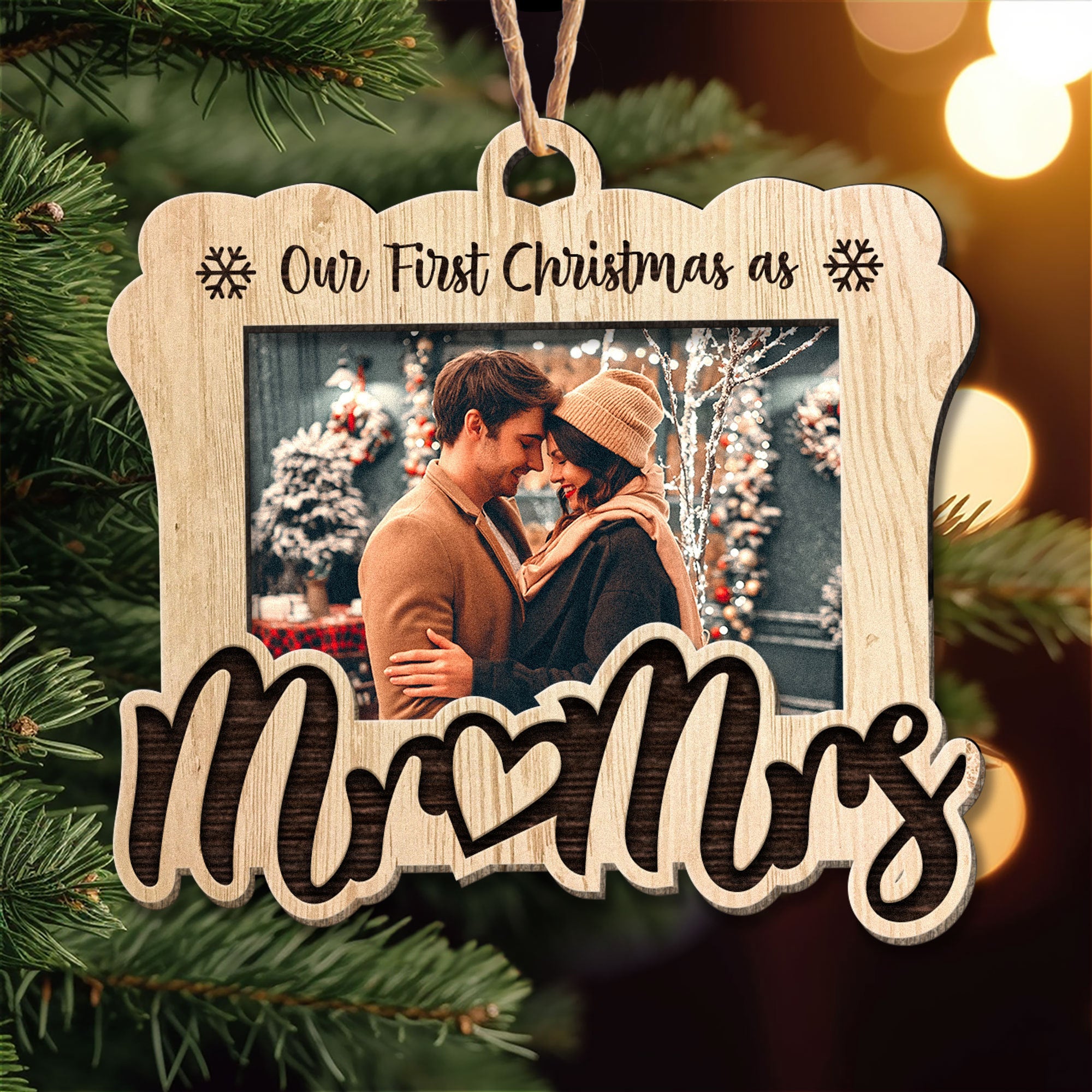 Our First Christmas As Mr & Mrs - Personalized Photo 2 Layers Wooden Ornament ORN0810