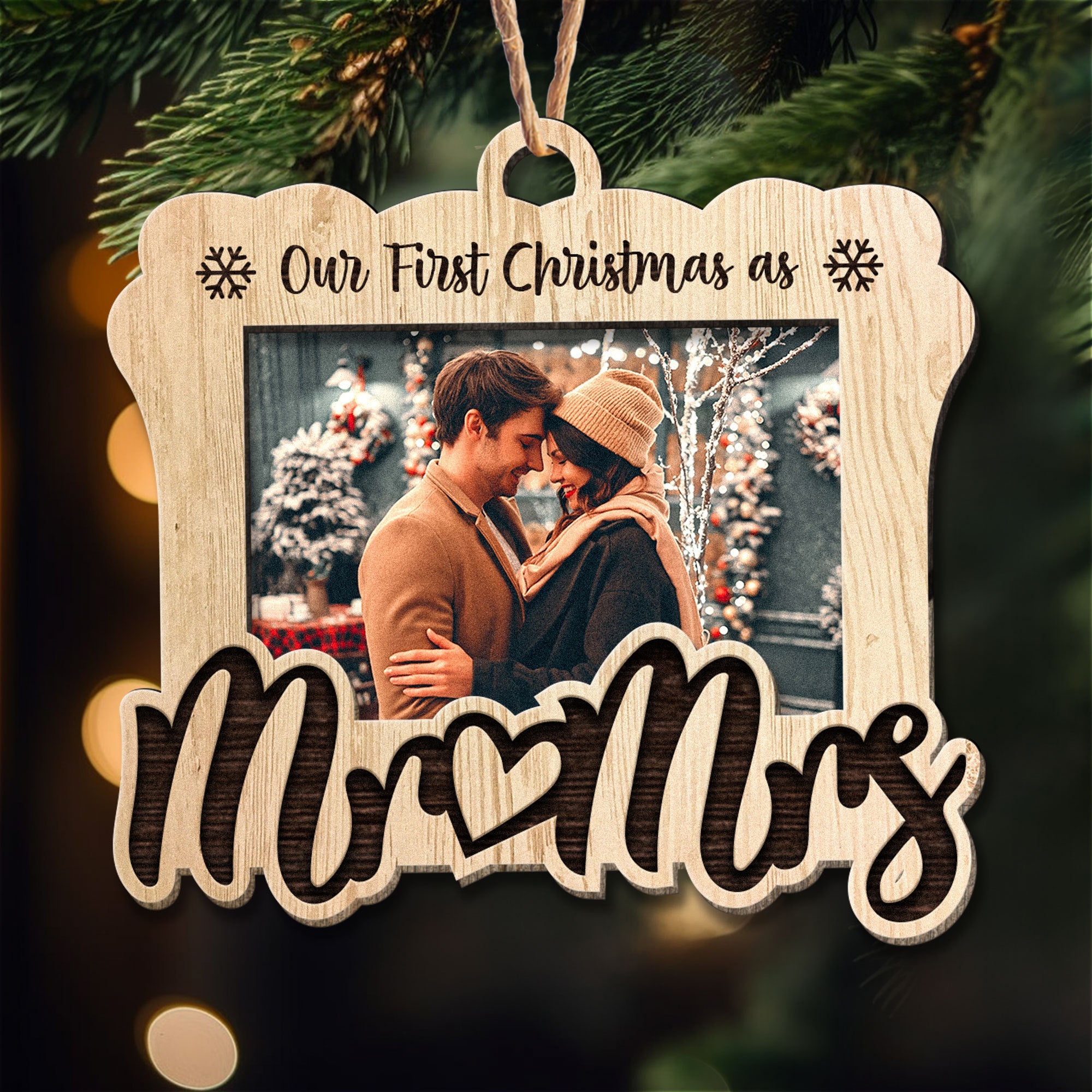 Our First Christmas As Mr & Mrs - Personalized Photo 2 Layers Wooden Ornament ORN0810