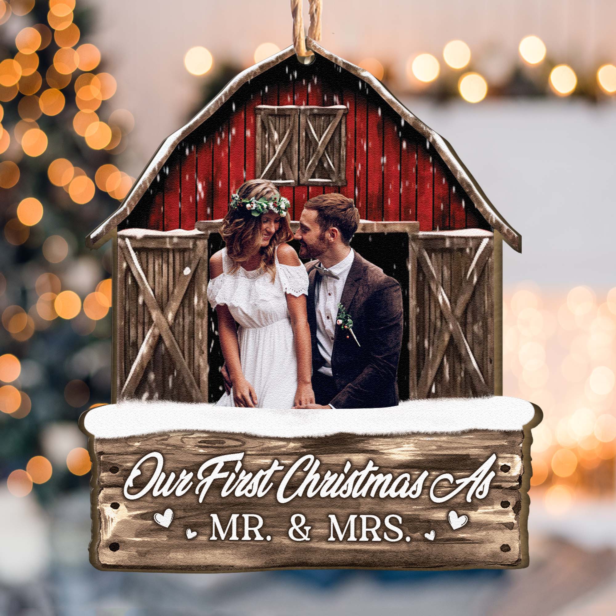 Our First Christmas As Mr. & Mrs - Personalized Photo Wooden Ornament ORN0810