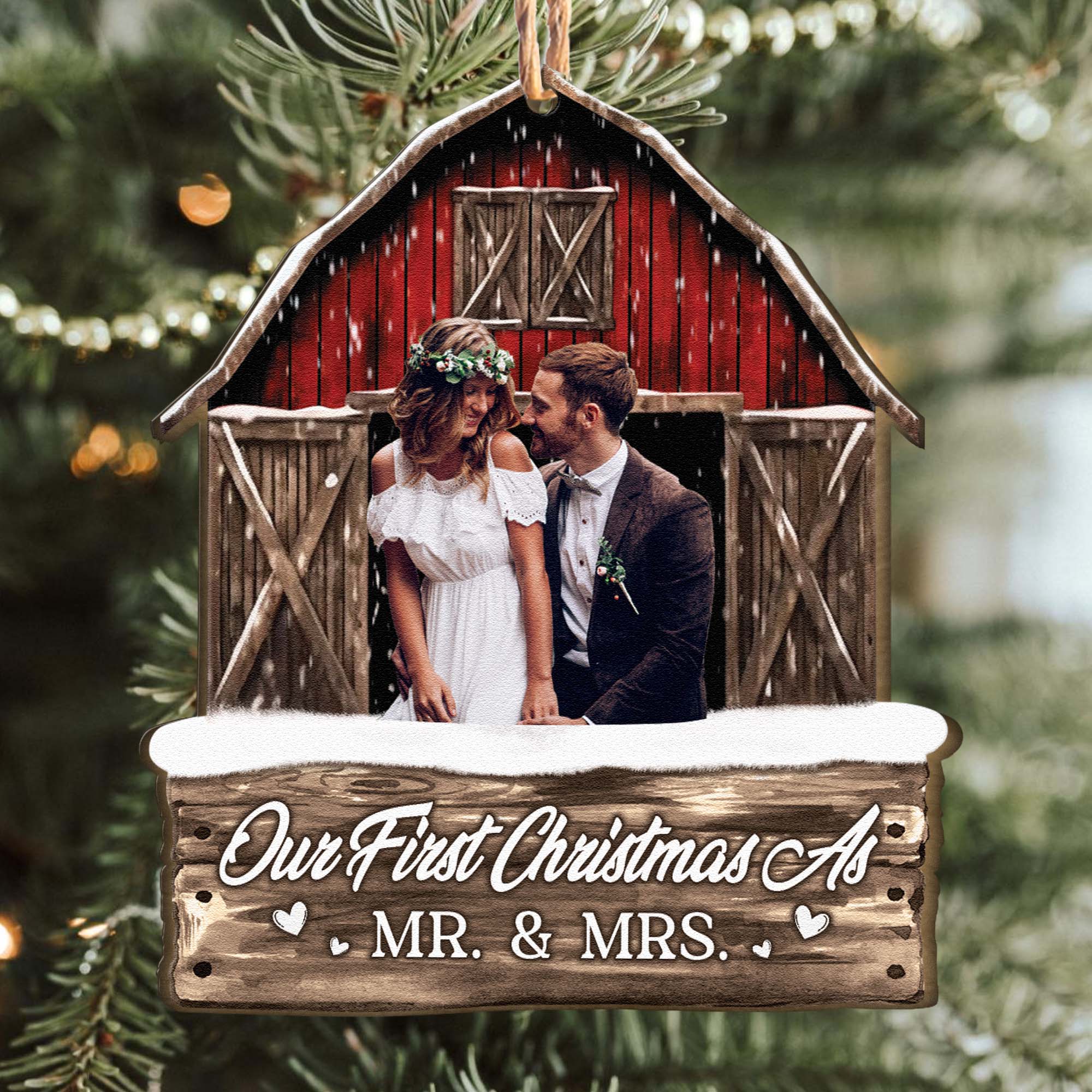 Our First Christmas As Mr. & Mrs - Personalized Photo Wooden Ornament ORN0810