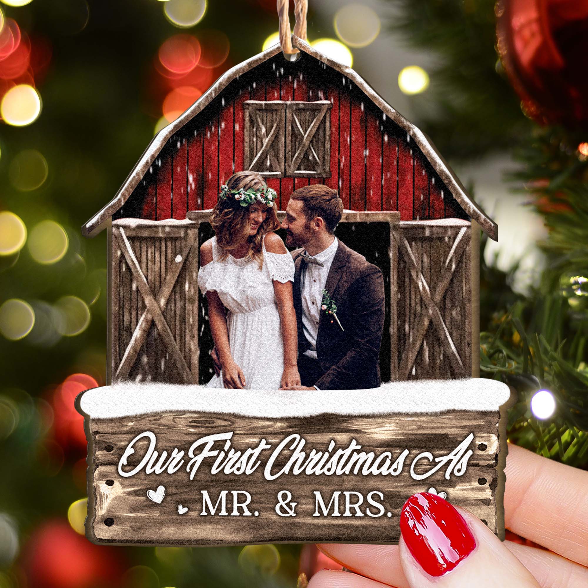 Our First Christmas As Mr. & Mrs - Personalized Photo Wooden Ornament ORN0810