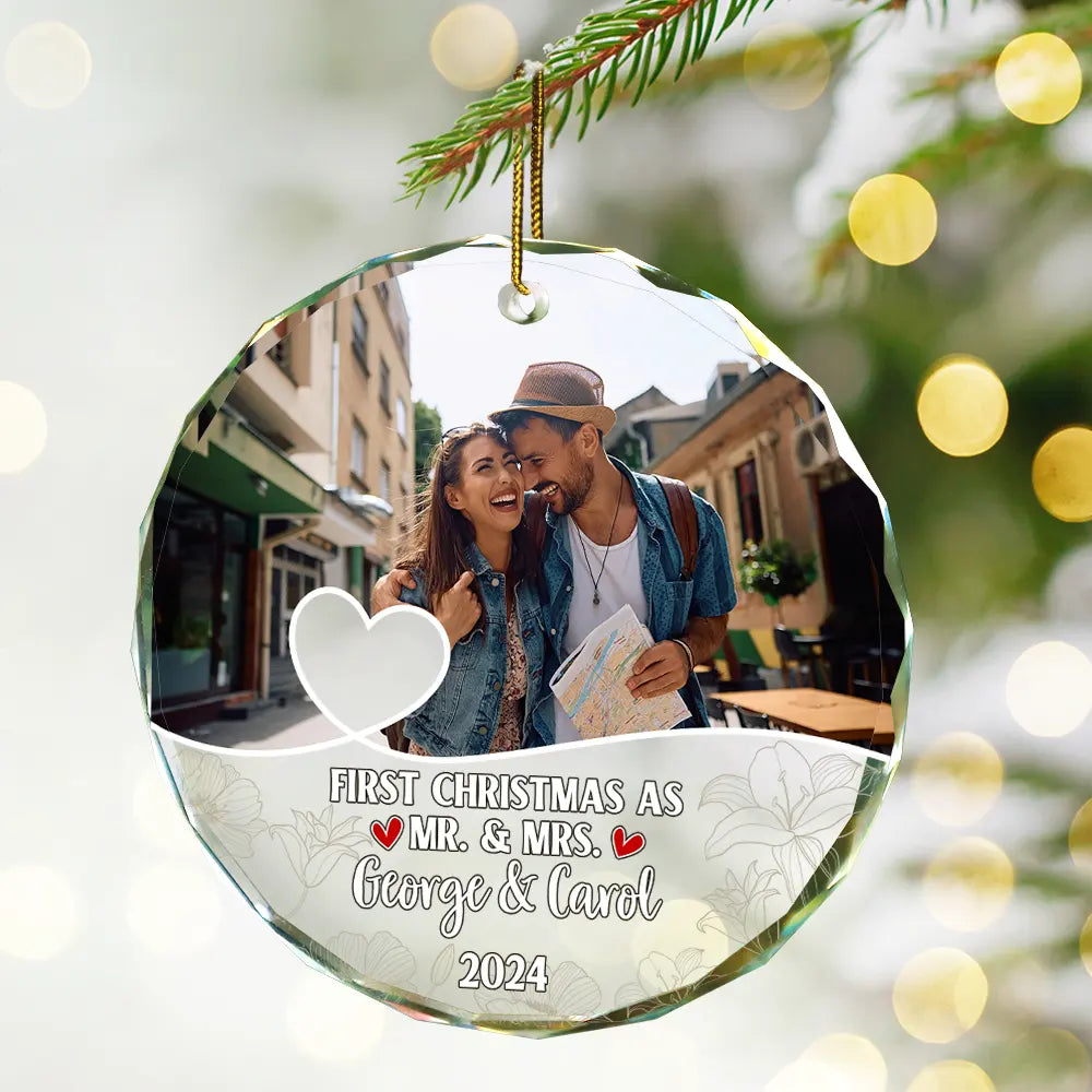 Custom Photo First Christmas As Mr & Mrs Couples - Personalized Circle Glass Ornament ORNA1210