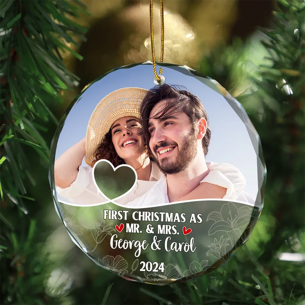 Custom Photo First Christmas As Mr & Mrs Couples - Personalized Circle Glass Ornament ORNA1210