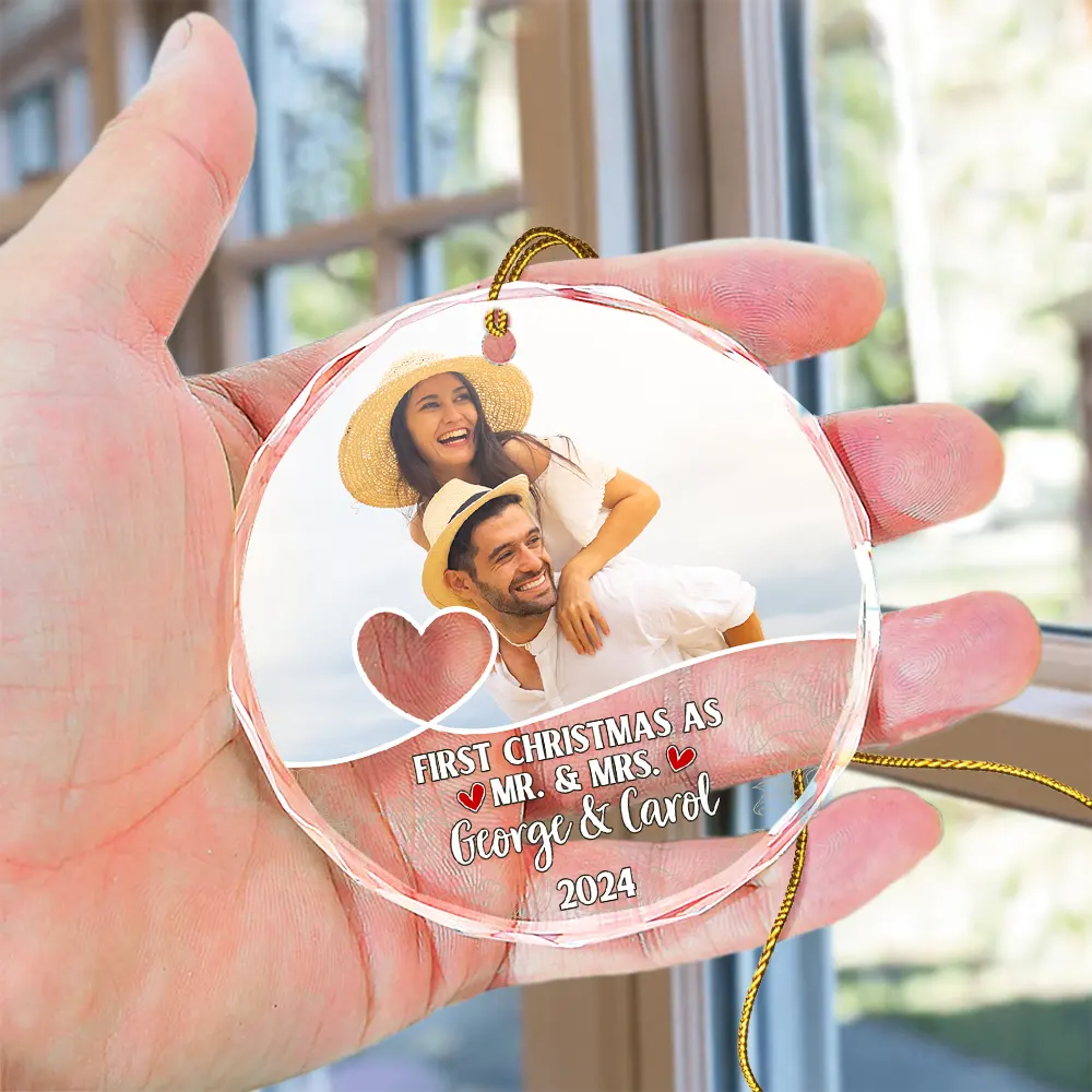 Custom Photo First Christmas As Mr & Mrs Couples - Personalized Circle Glass Ornament ORNA1210