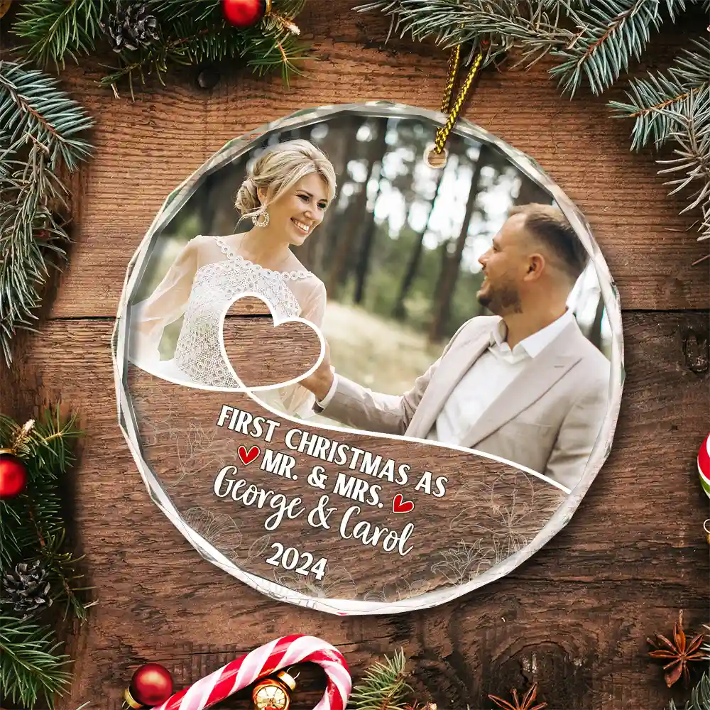 Custom Photo First Christmas As Mr & Mrs Couples - Personalized Circle Glass Ornament ORNA1210