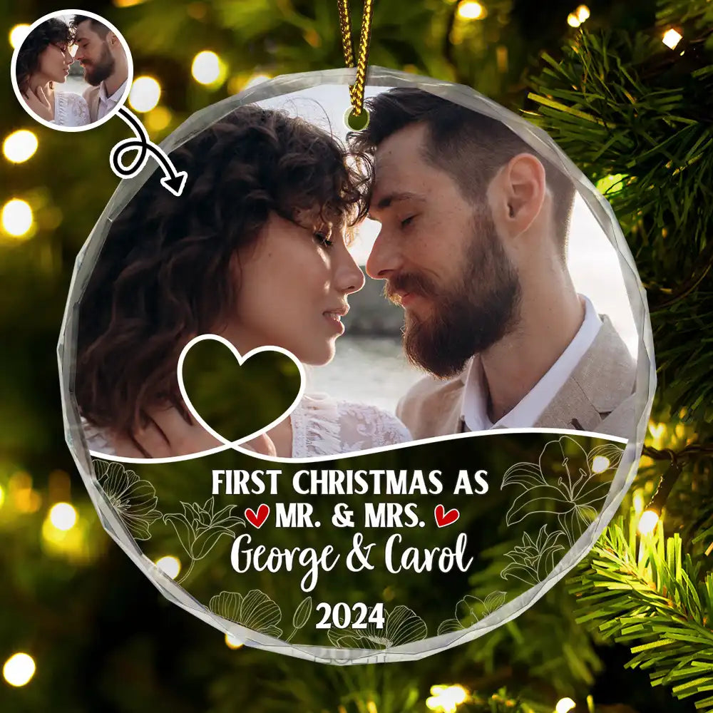 Custom Photo First Christmas As Mr & Mrs Couples - Personalized Circle Glass Ornament ORNA1210