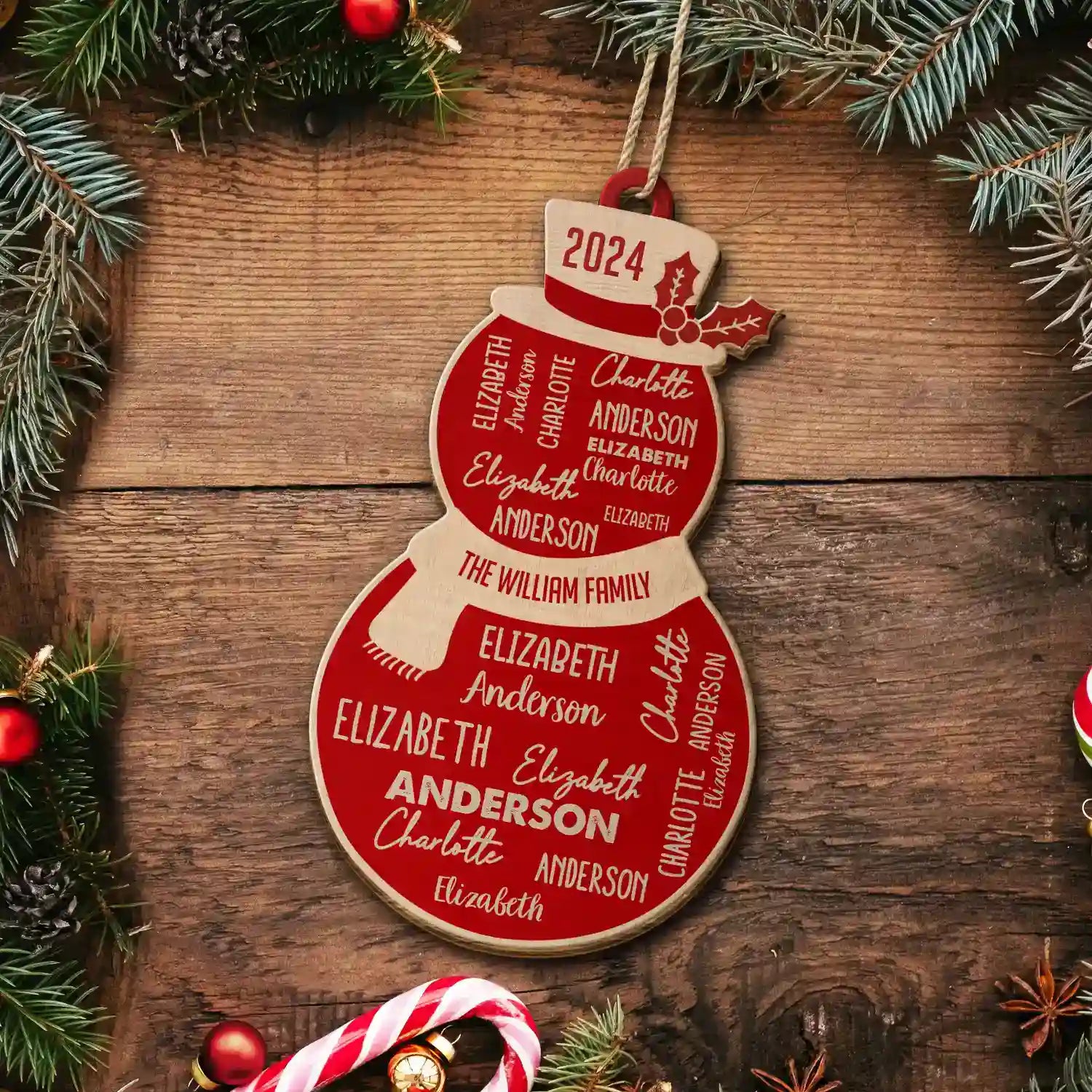 Christmas Snowman Repeating Names - Personalized Custom Shaped Wooden Ornament ORNA1210