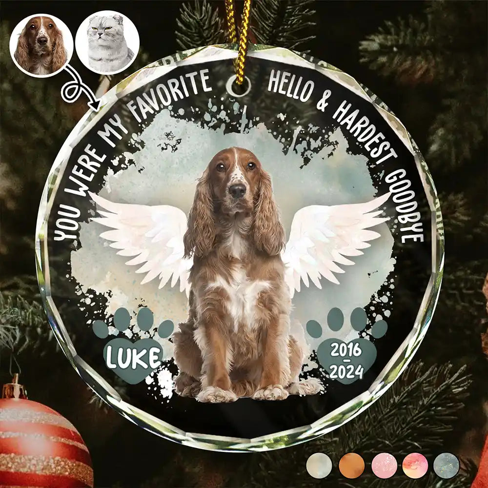 Custom Photo Memorial Dog Cat Favorite Hello & Hardest Goodbye - Personalized Circle Glass Ornament ORNA1210