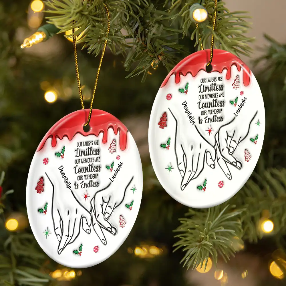 Christmas Besties Holding Hands Not Sisters By Blood But Sisters By Heart - 3D Inflated Effect Printed Ornament, Personalized Circle Ceramic Ornament ORNA1210